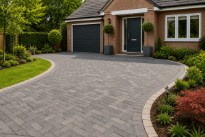 Grey block paving driveway with a curved border outside a modern brick home with landscaped front garden.