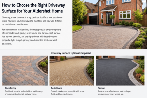 Comparison of block paving, resin bound and tarmac driveway surfaces for an Aldershot home, showing different styles and finishes.