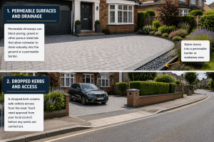 a clean block paved driveway with a gentle slope towards a permeable border or drainage area, with subtle visual emphasis on good water runoff. Natural daylight, tidy front garden